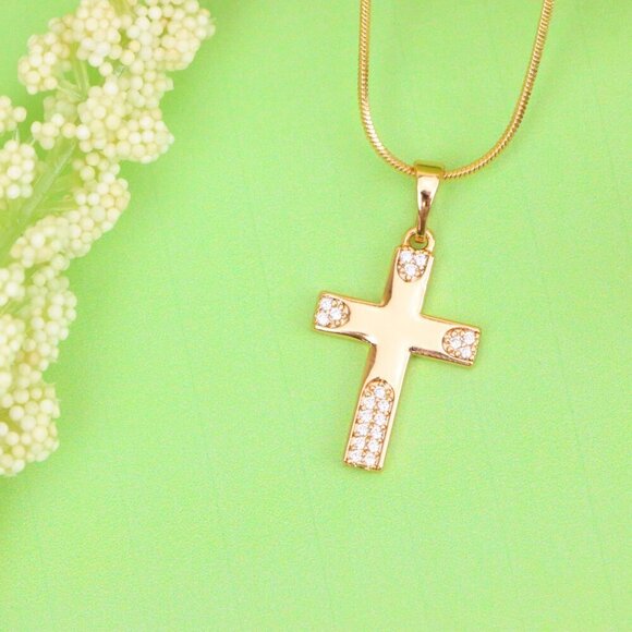 "Rose Gold Cross Pendant with Crystal Accents on Polished Surface, XPPT1611 - Picture 2 of 13